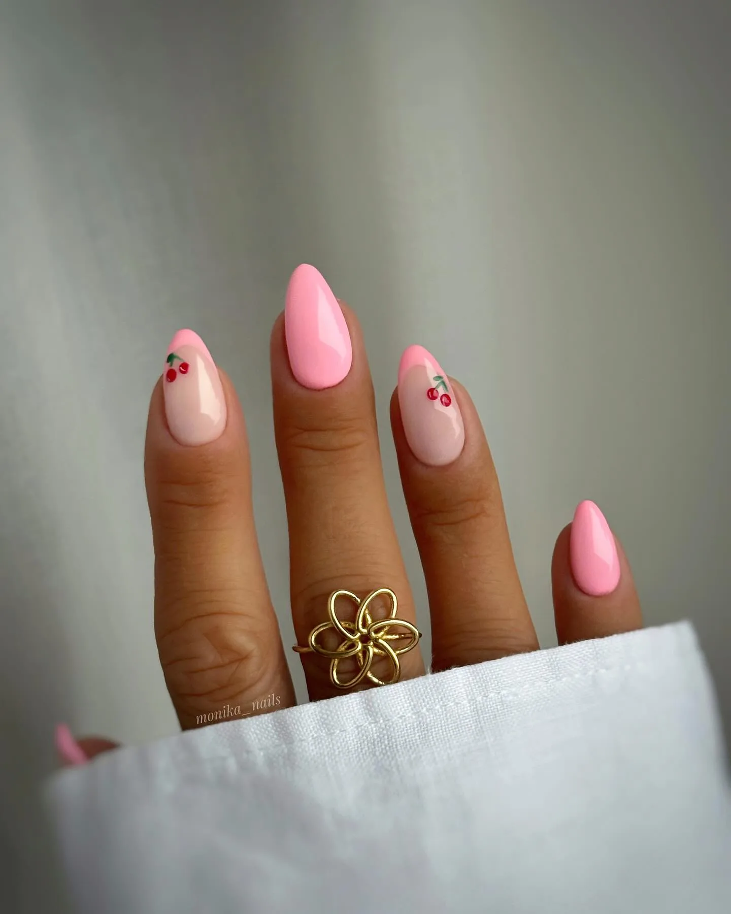 pink almond cherry accent nails