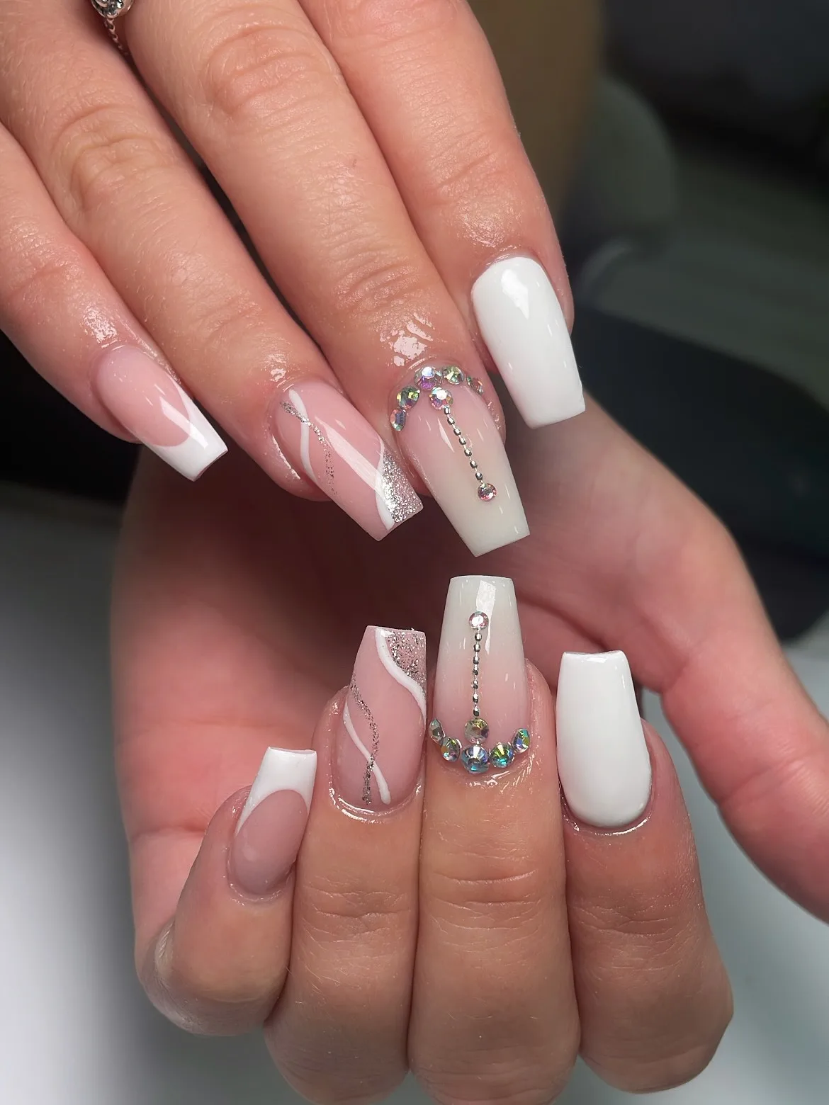 white coffin rhinestone chain nails