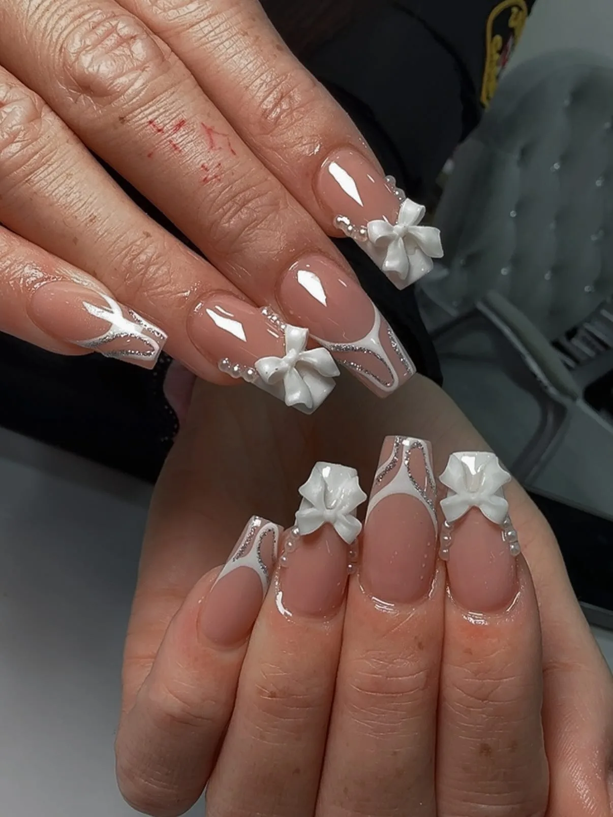 nude coffin bow embellished nails