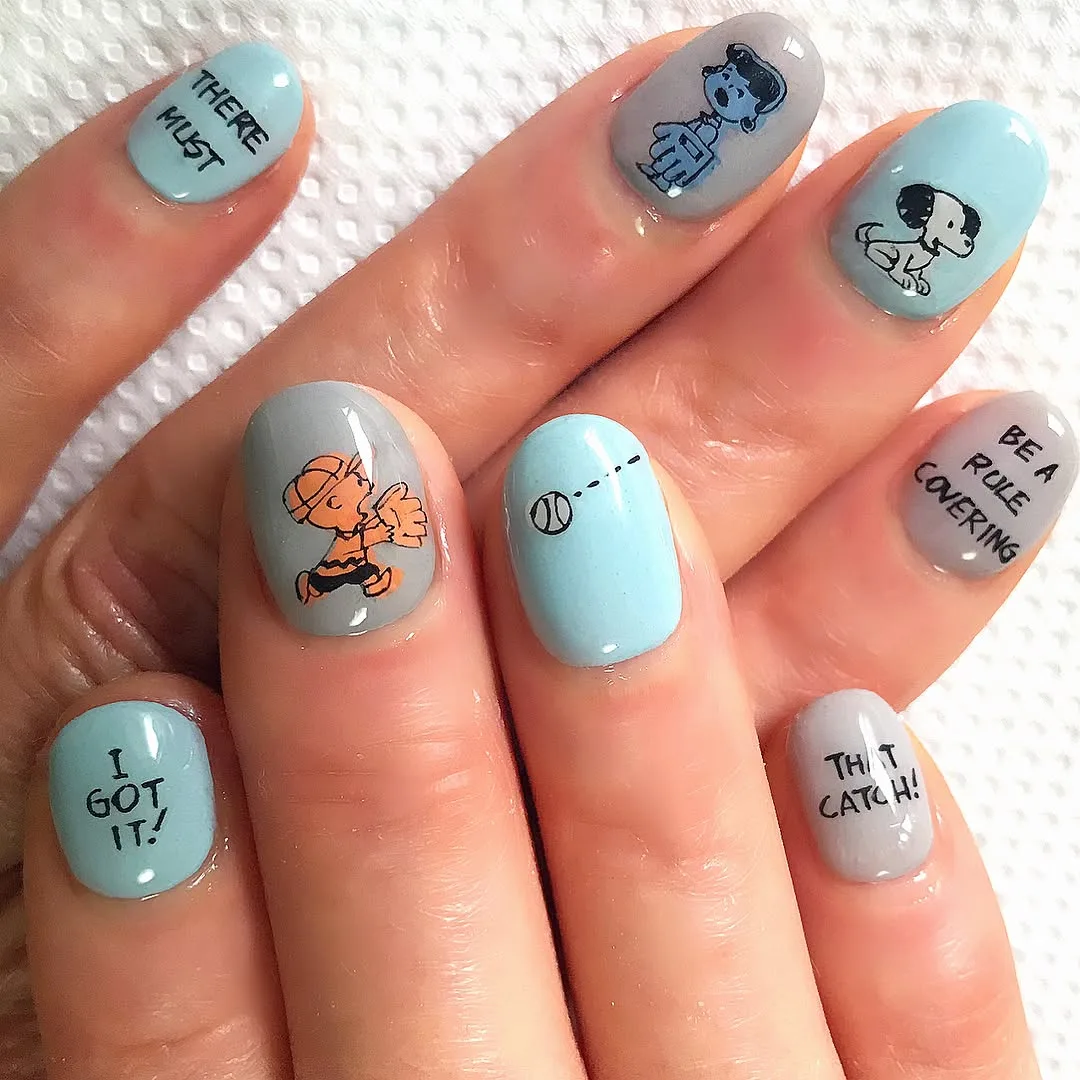 baby blue oval cartoon character nails