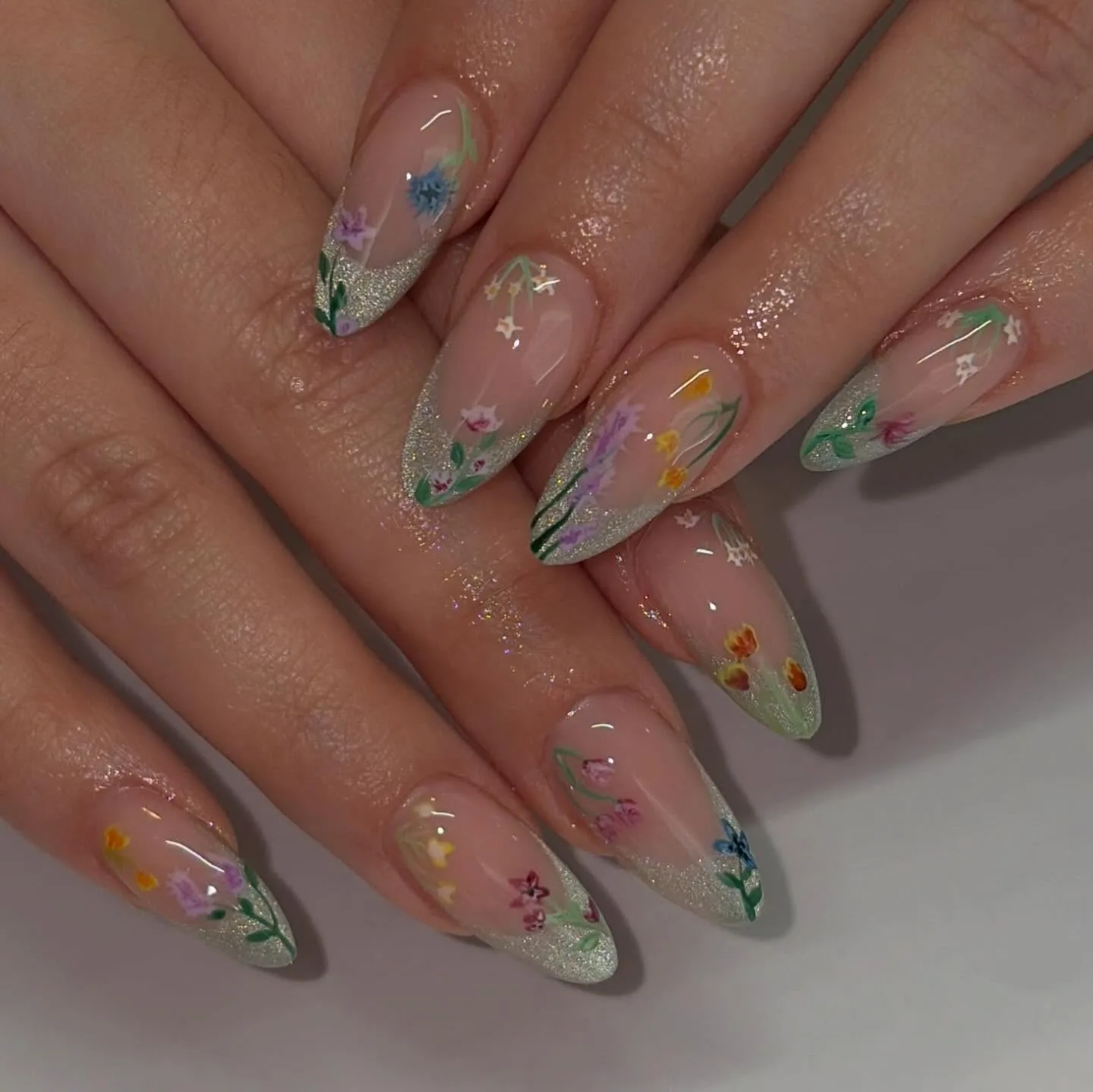clear stiletto floral garden nails