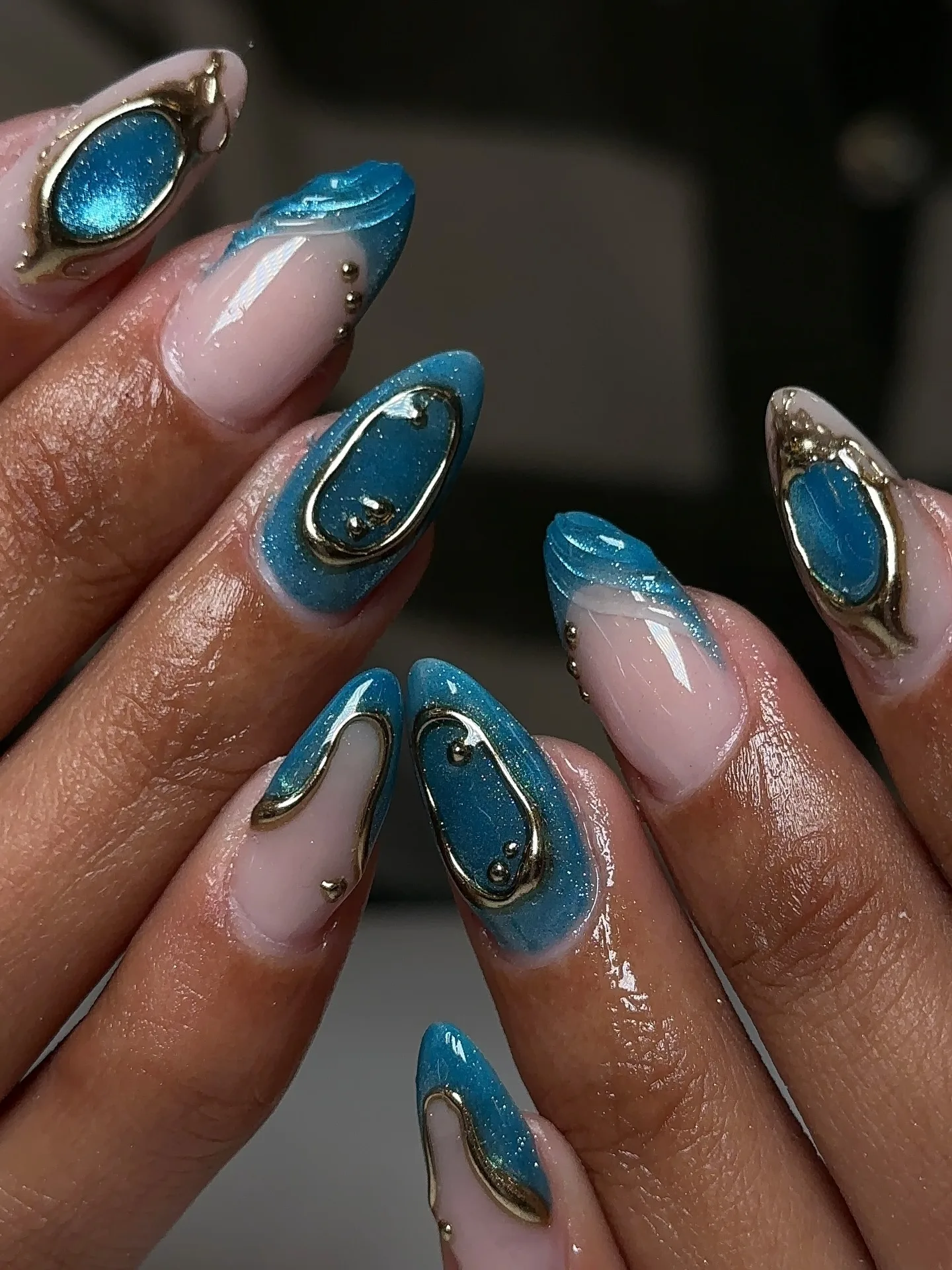 teal pink almond metallic nails