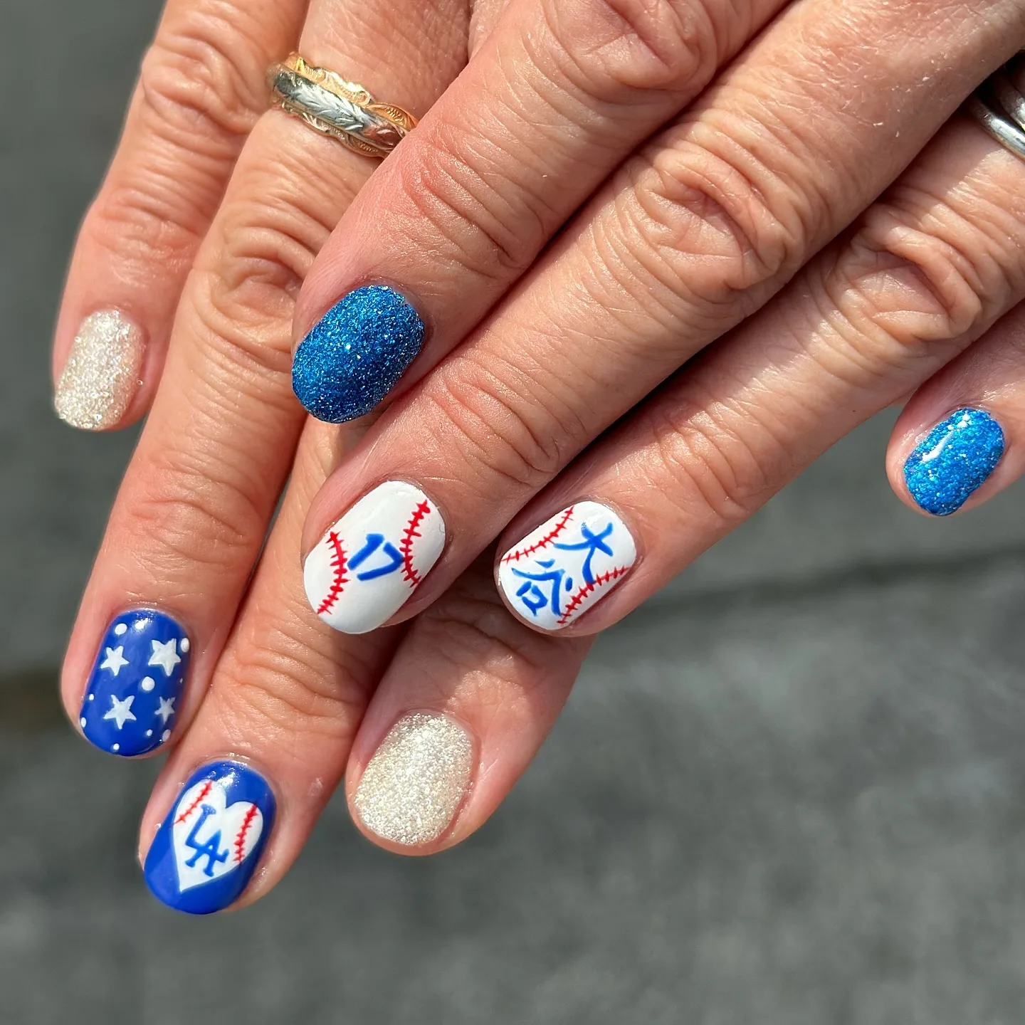 blue white baseball themed nails