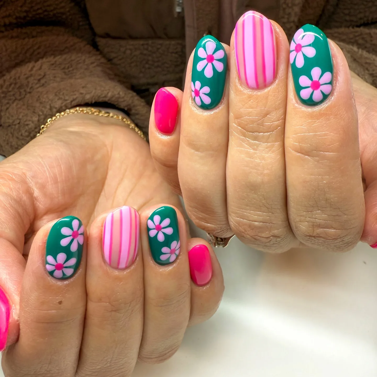 teal pink oval floral nails