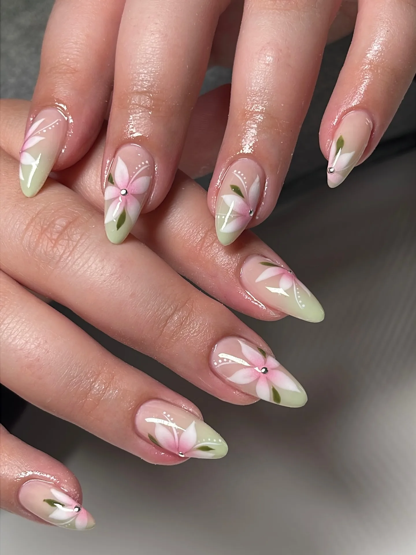 nude pink almond floral nails