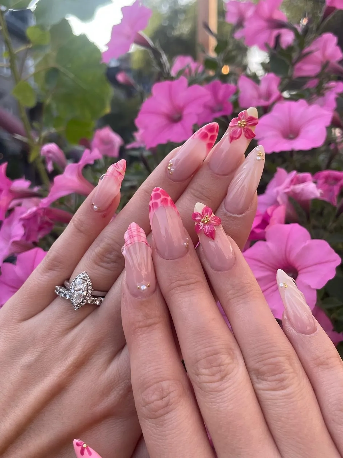 nude pink coffin floral nails