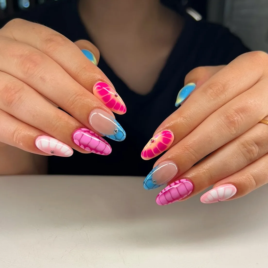 pink blue almond geometric nails