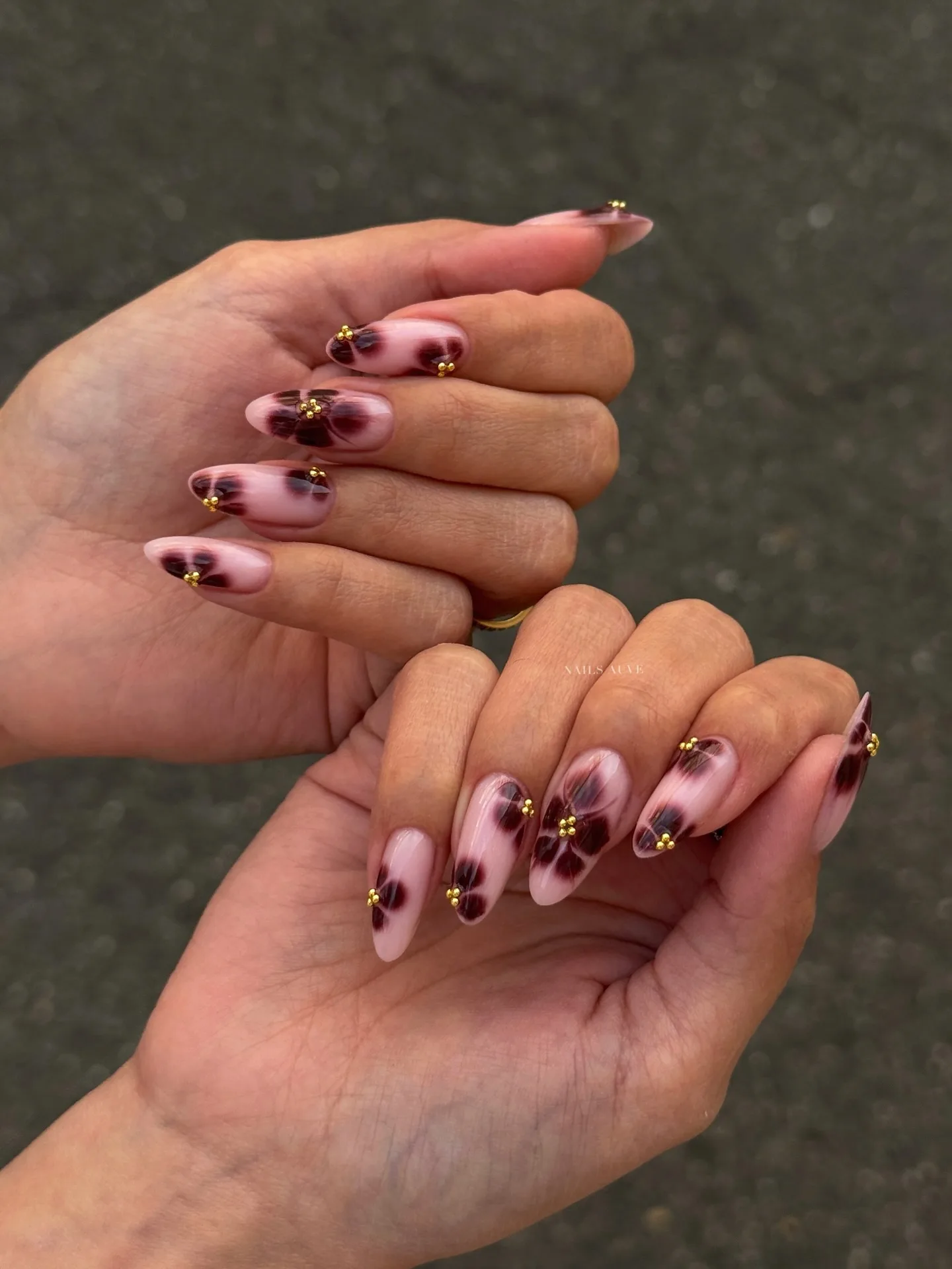 pink coffin floral embellished nails