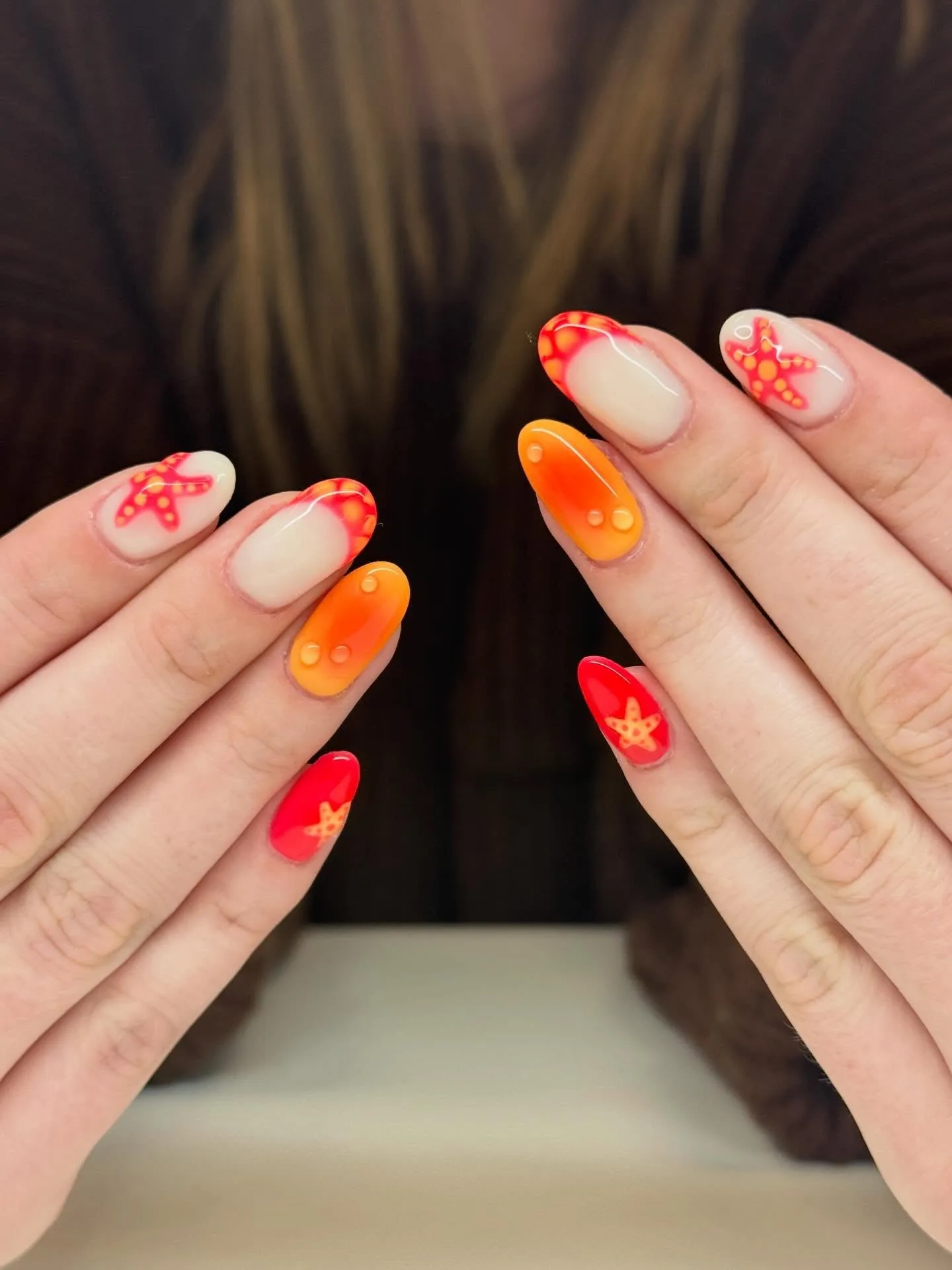 coral red oval floral nails