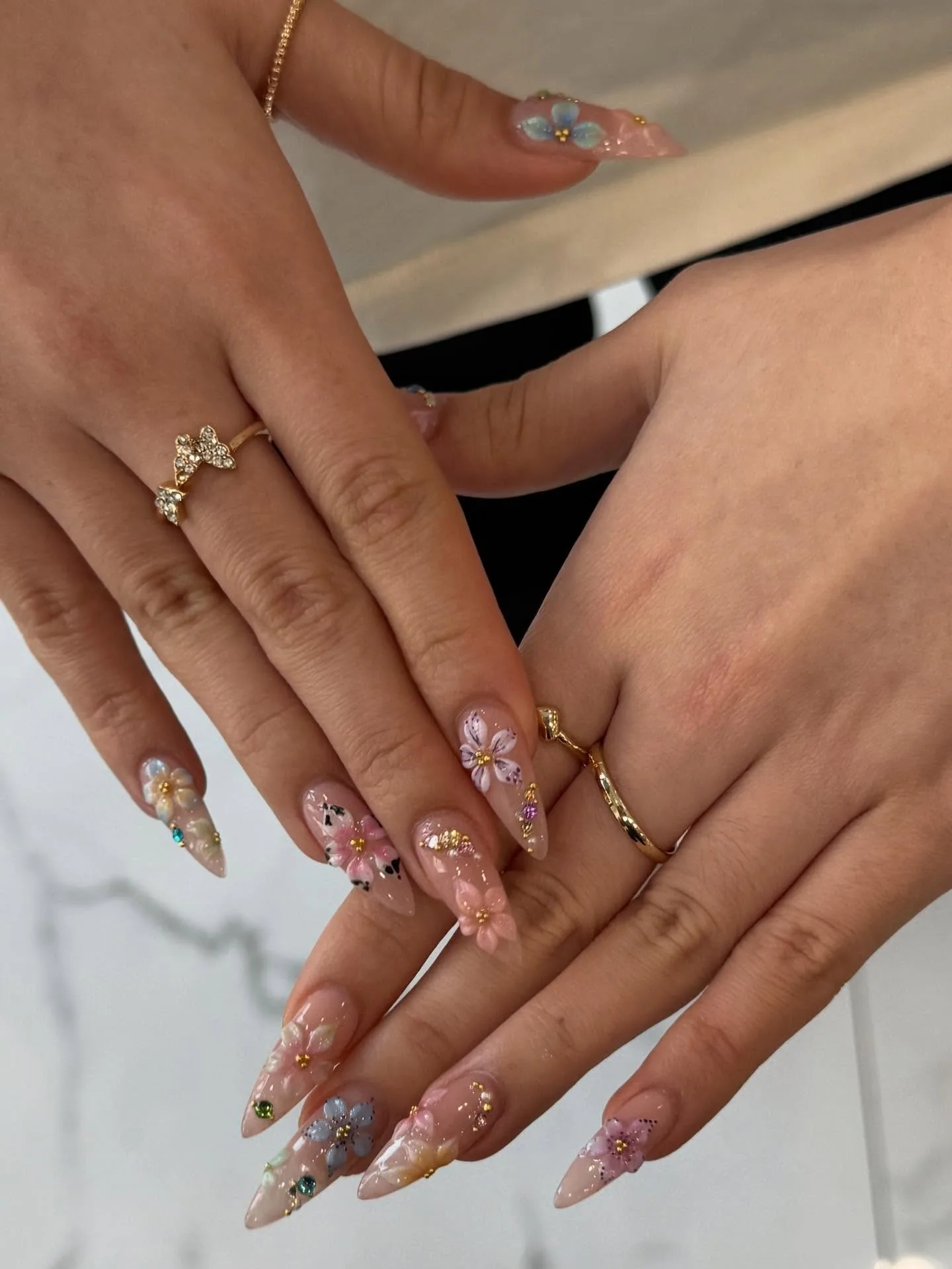 pink coffin 3d floral nails