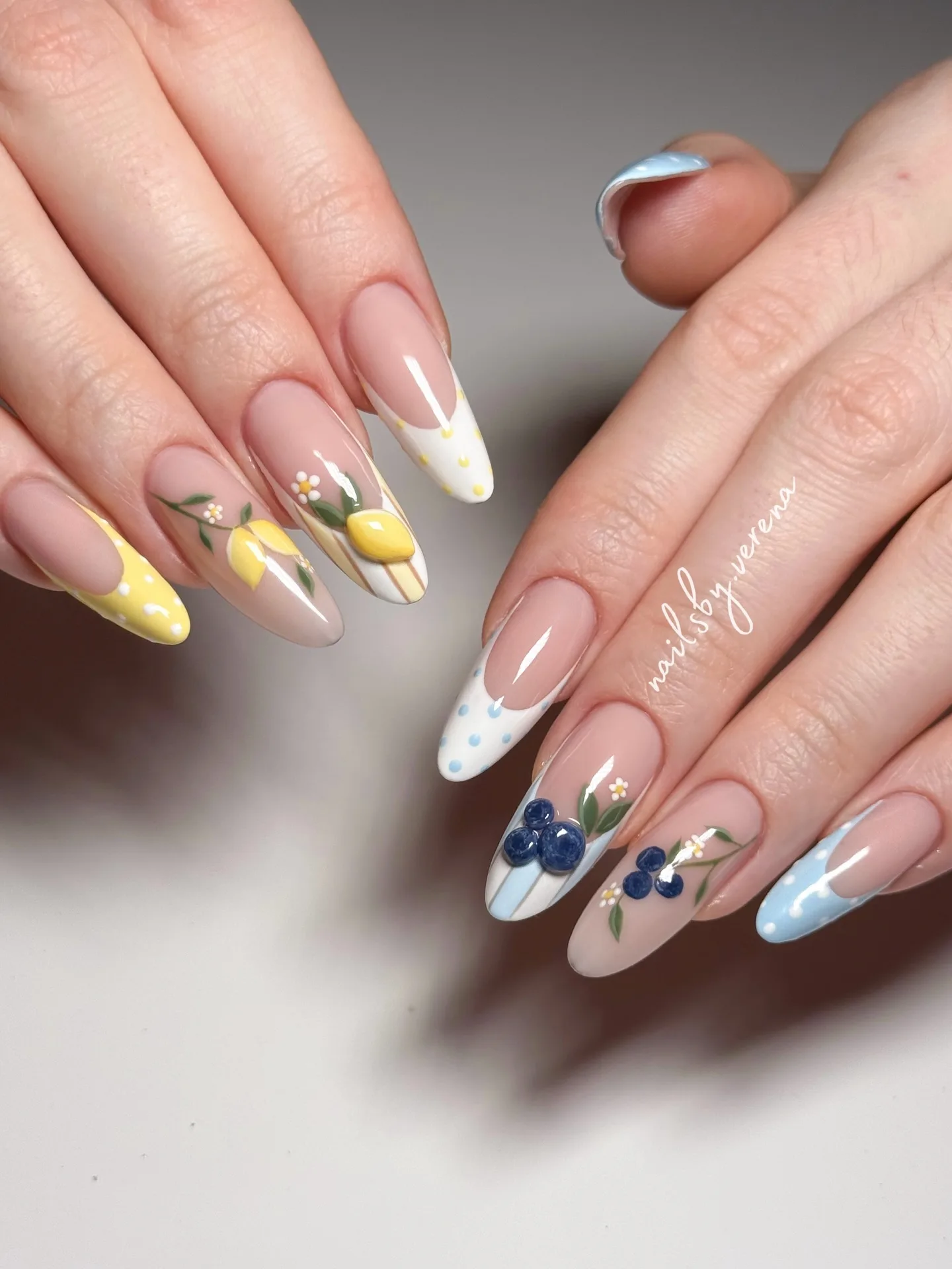 clear almond blueberry lemon nail design