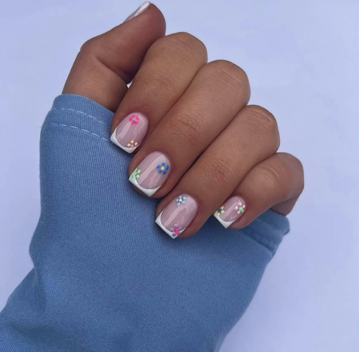 pink square french floral nails