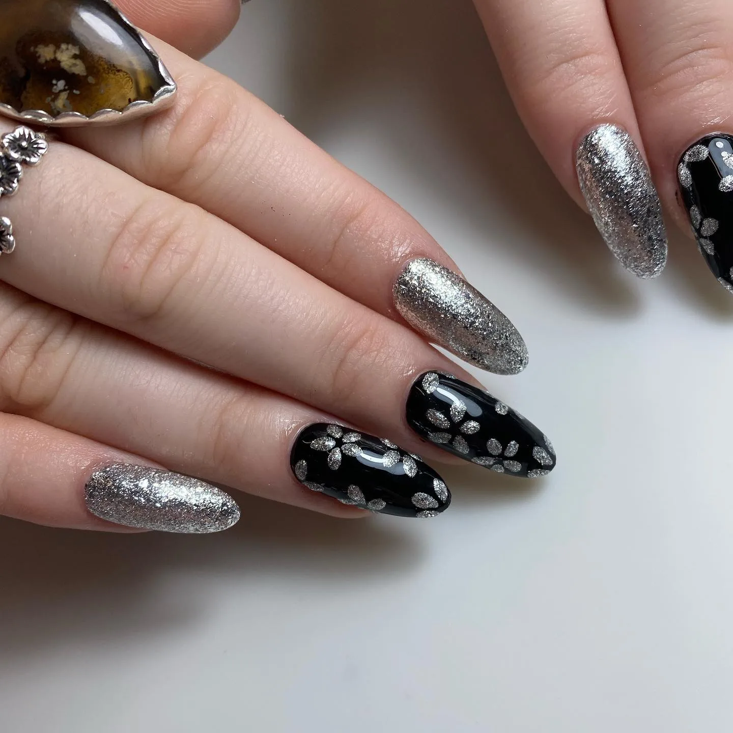 silver black almond glitter paw nails