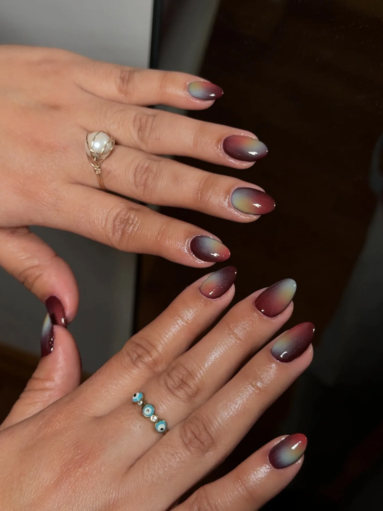 burgundy gray oval chrome nails