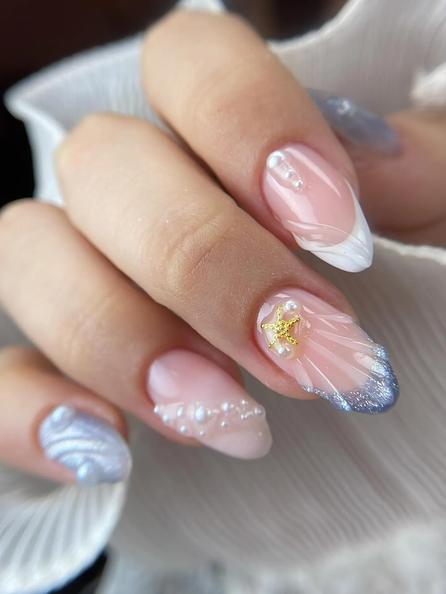 pink coffin marbled charm nails