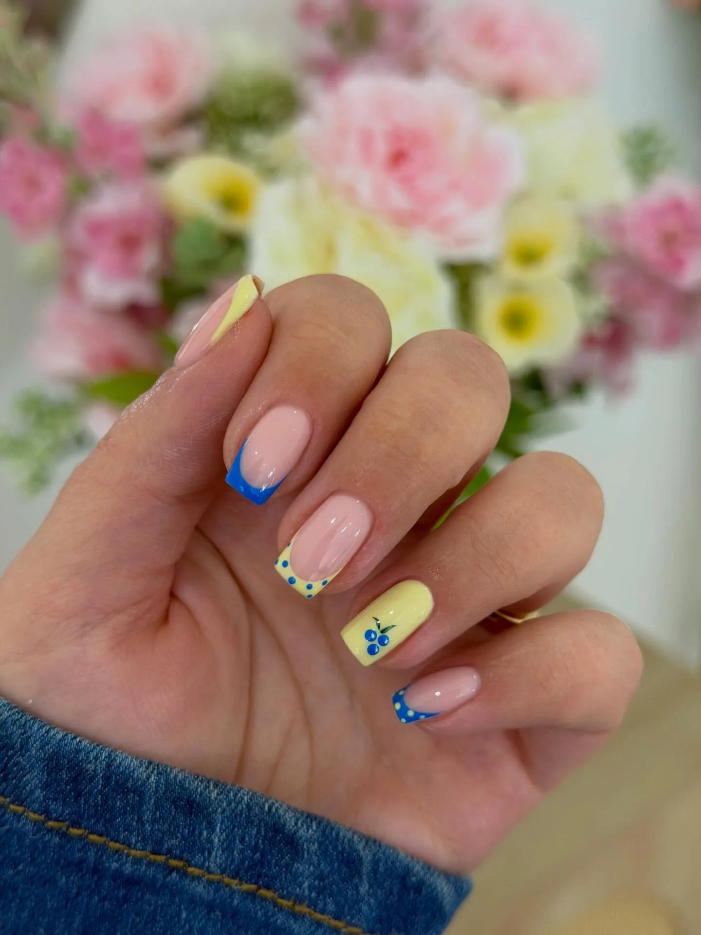 pink blue yellow square floral nails