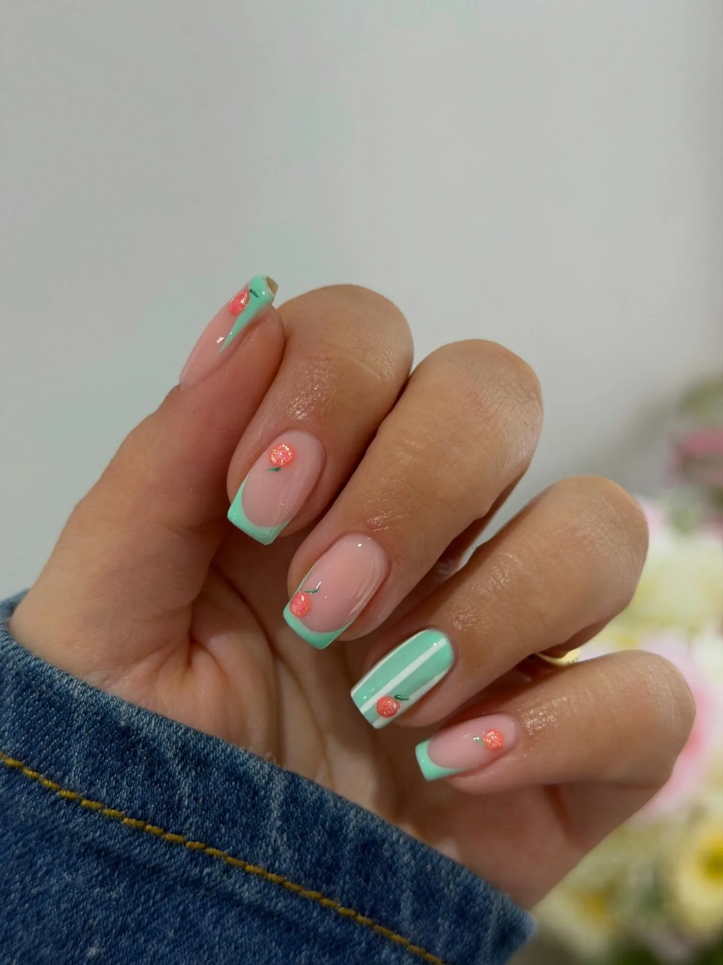 mint green french strawberry nails