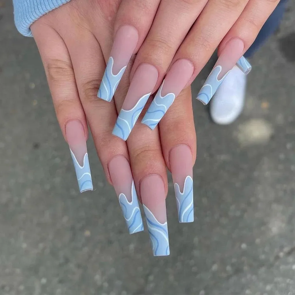 nude blue flame coffin nails