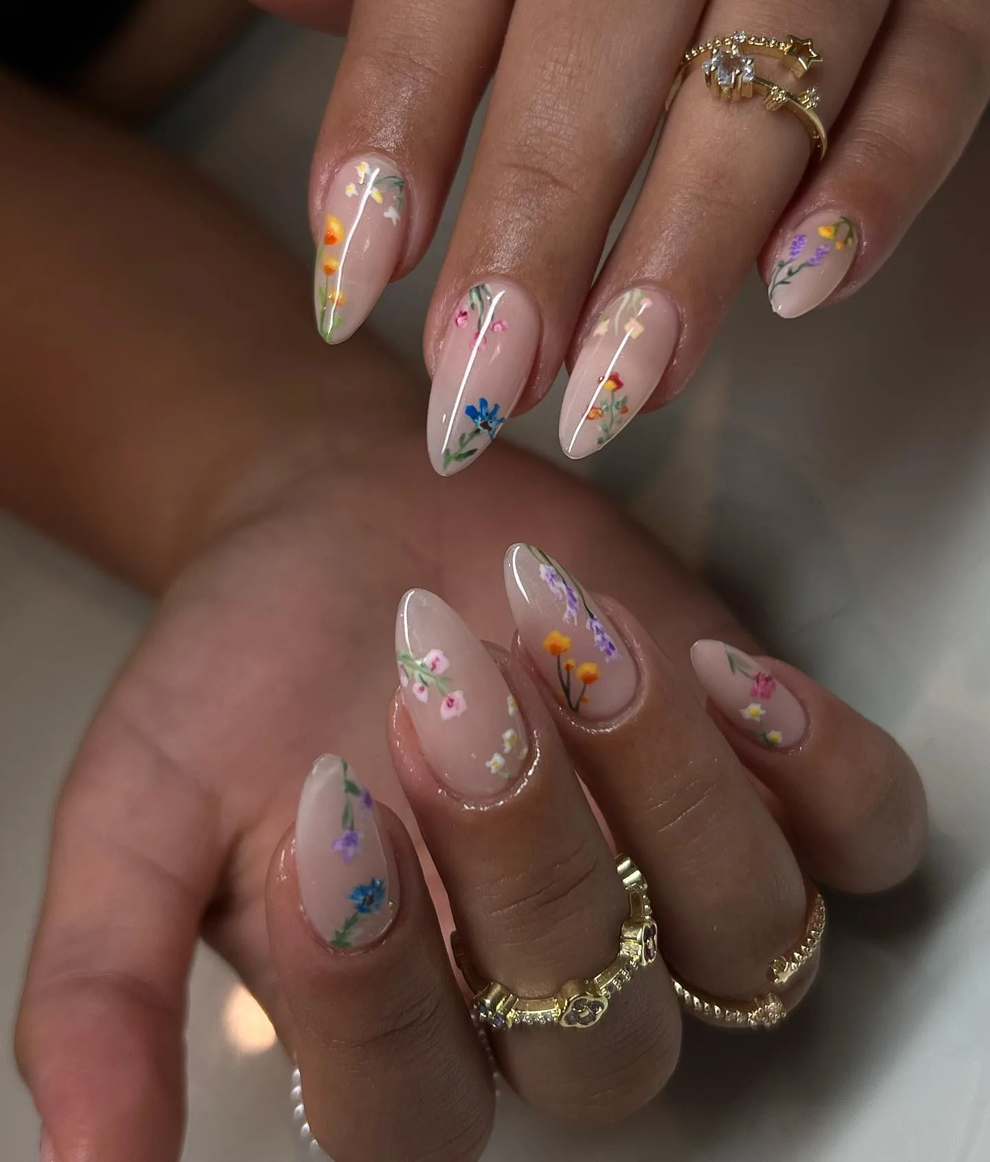 nude almond pressed flower nails