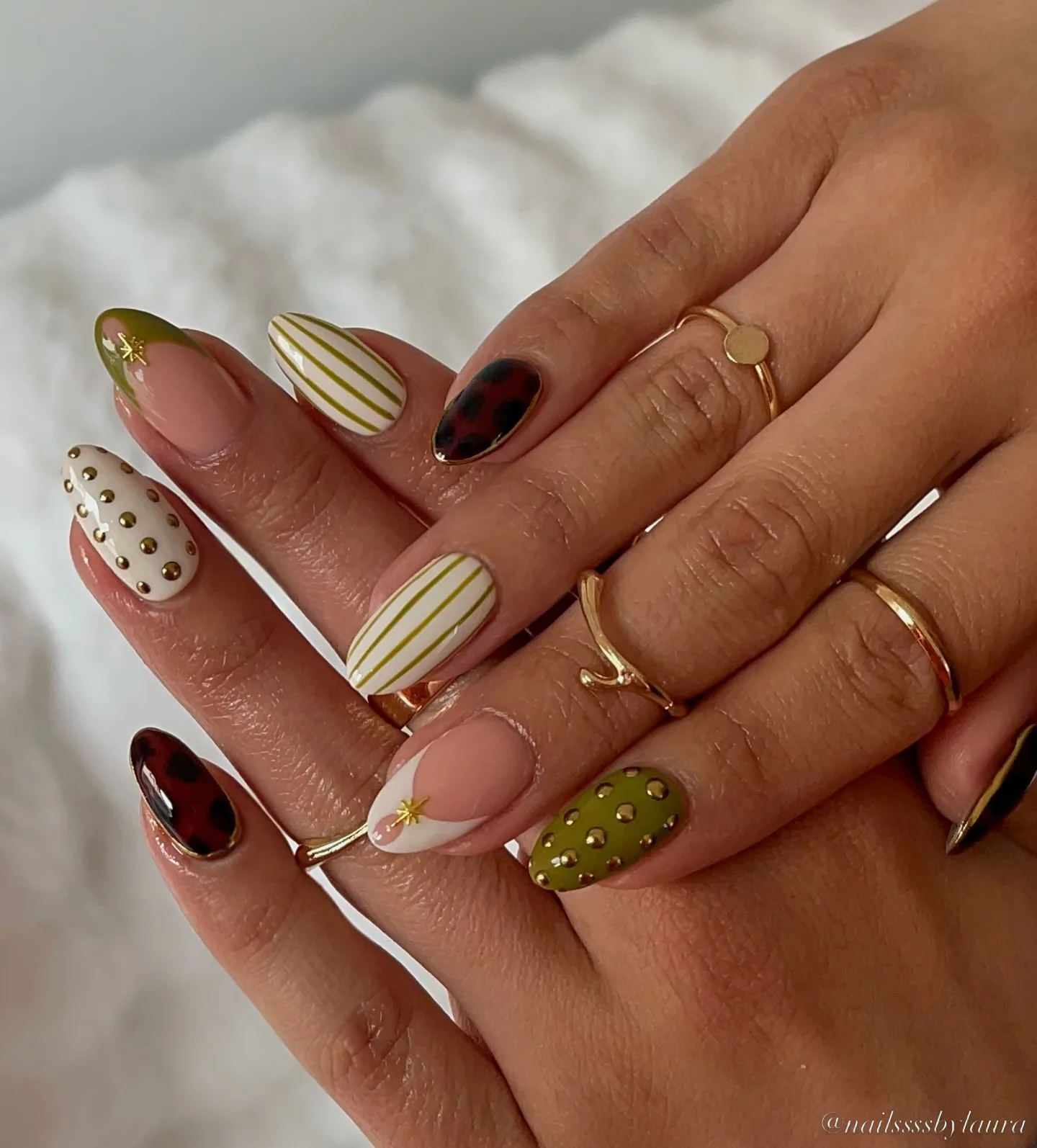 olive burgundy almond mixed nails