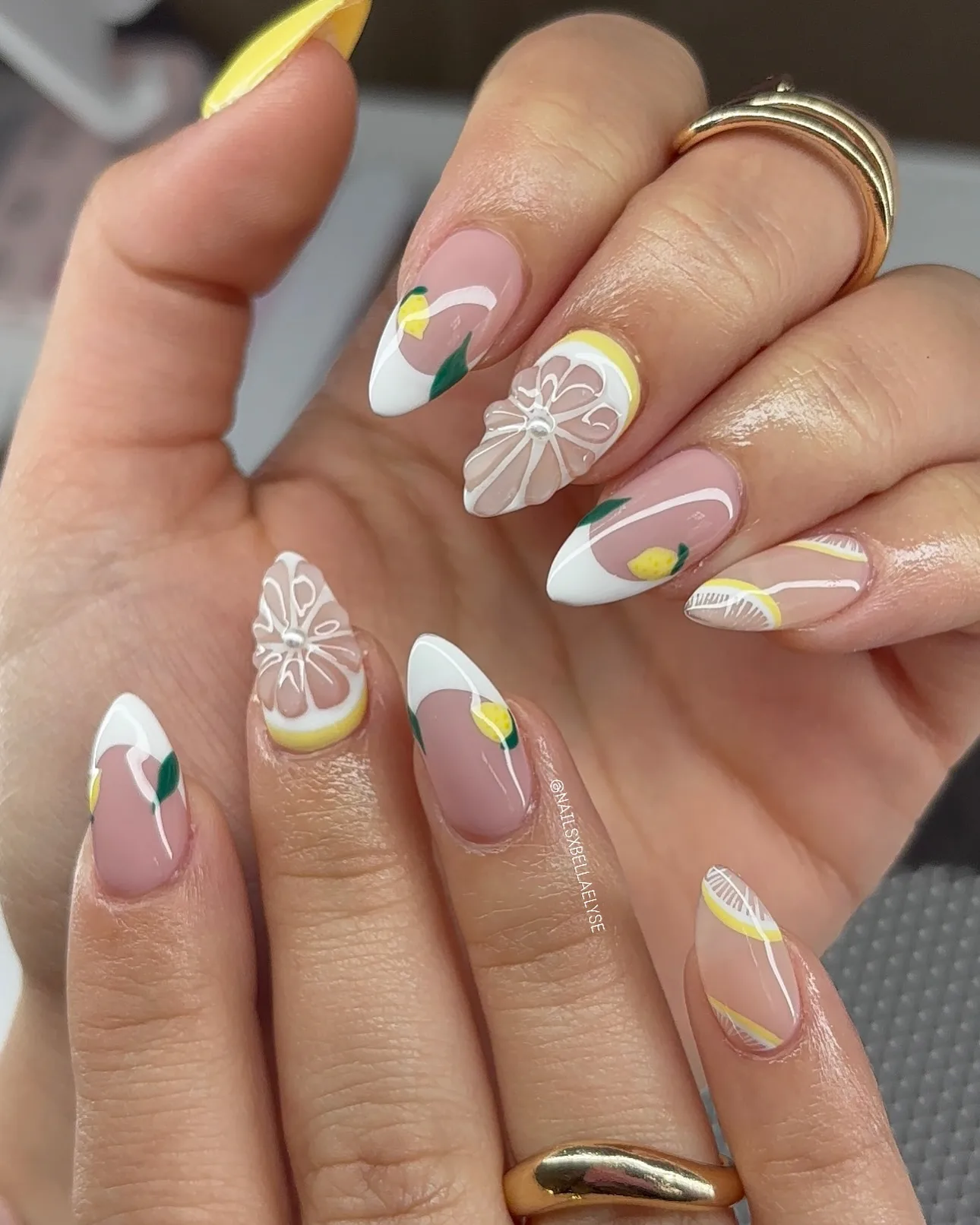 pink almond lemon french nails