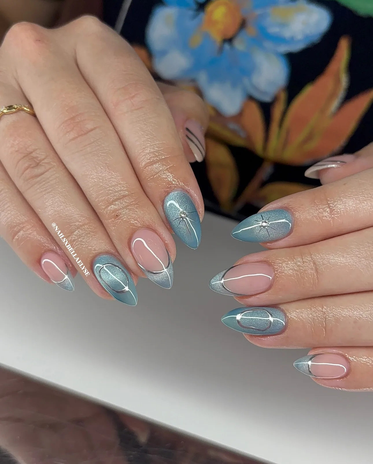 sage chrome nude almond geometric nails