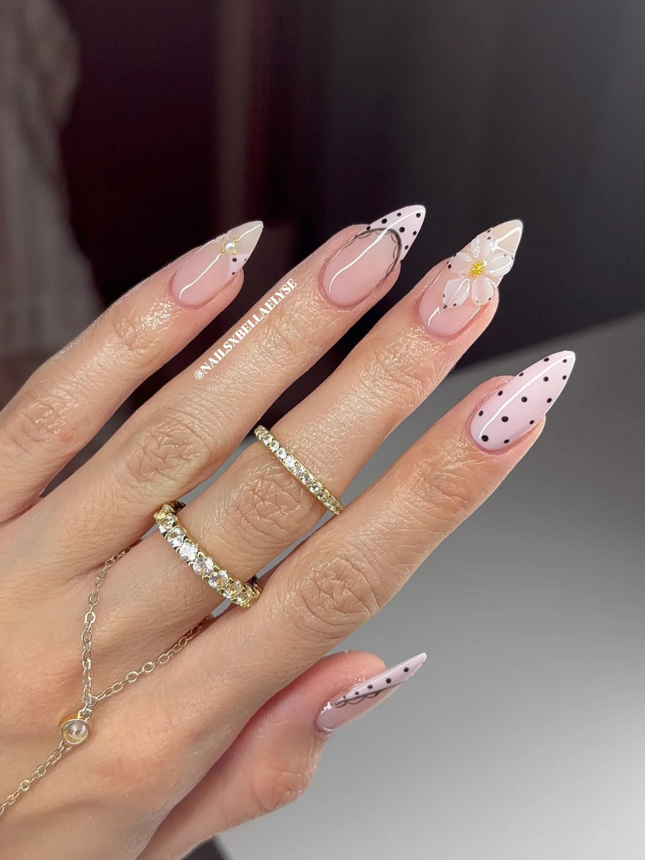 peachy pink almond floral line nails