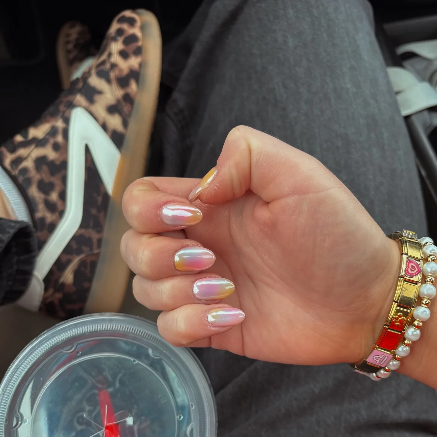 iridescent pink oval chrome nails