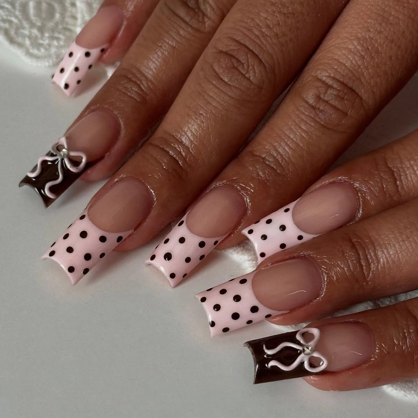 pink coffin polka dot nails