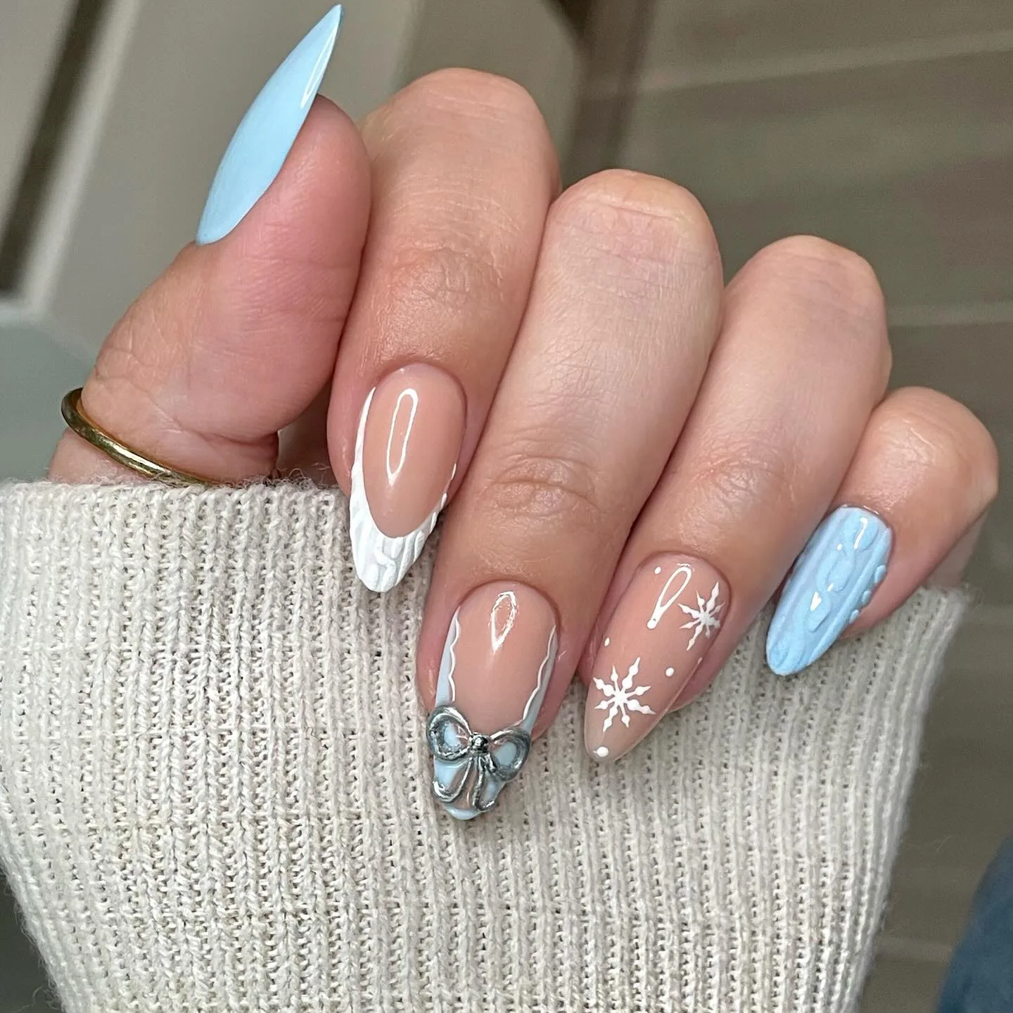 blue nude stiletto chrome nails