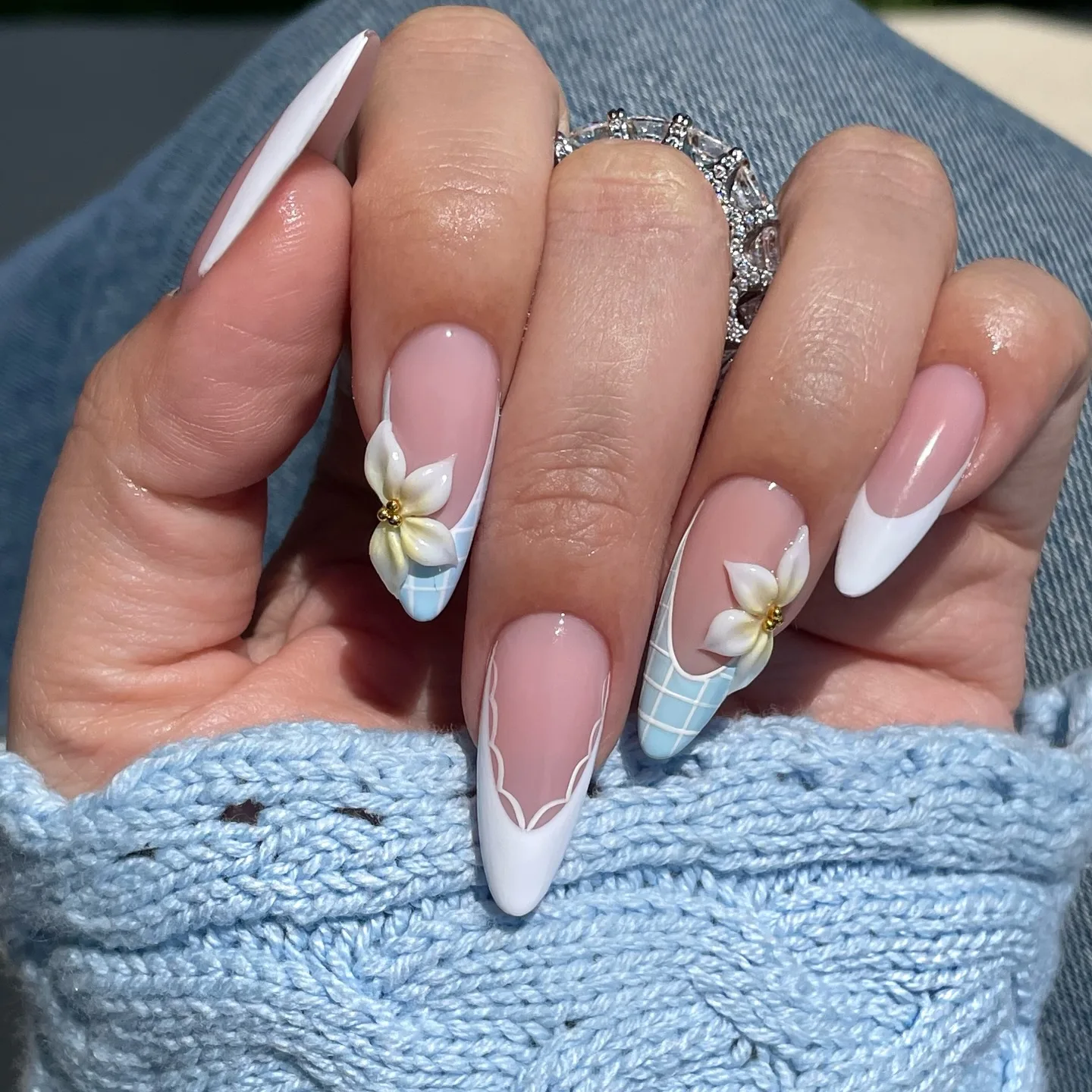 pink white coffin floral nails