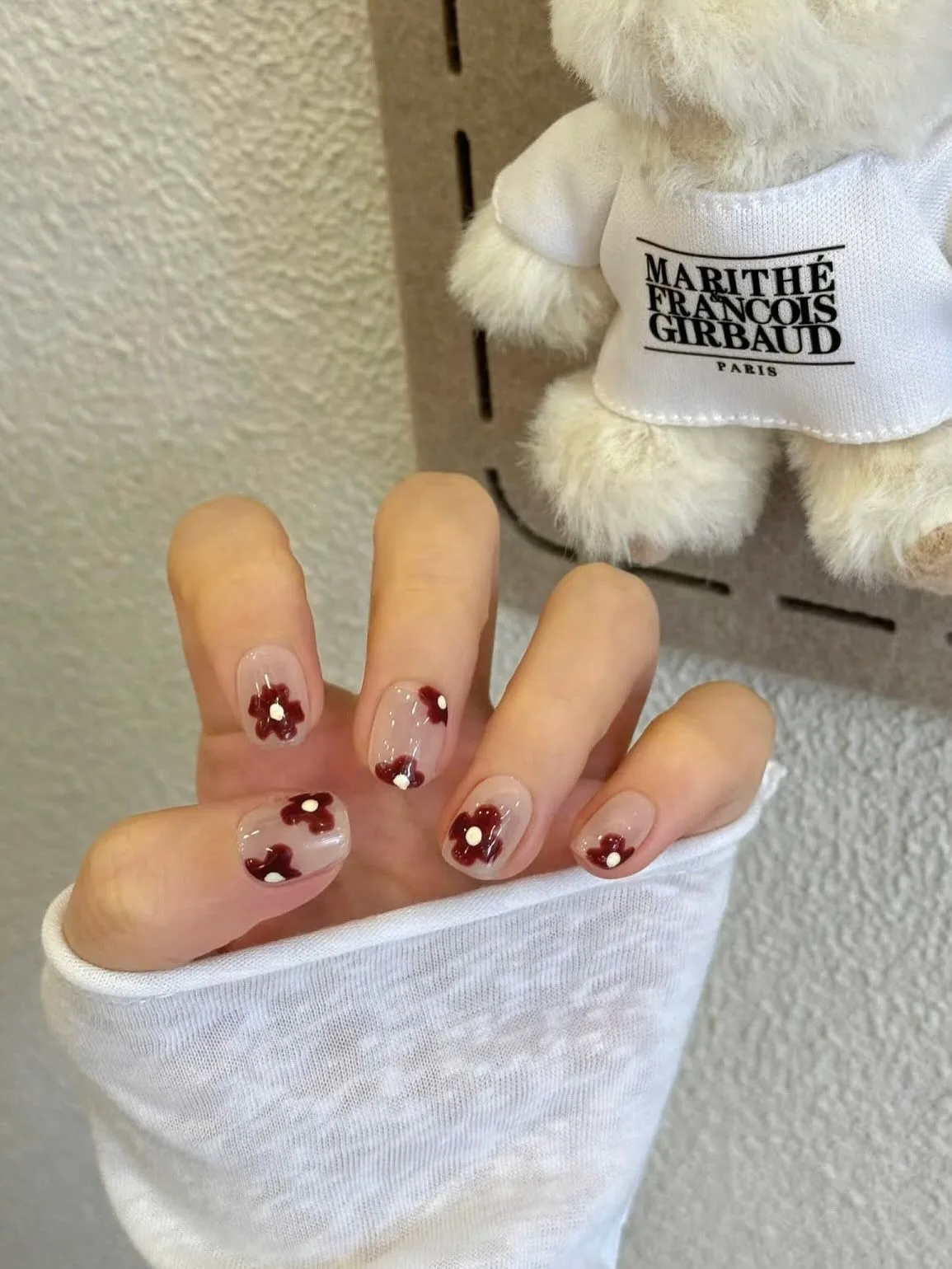 nude almond floral cherry nails