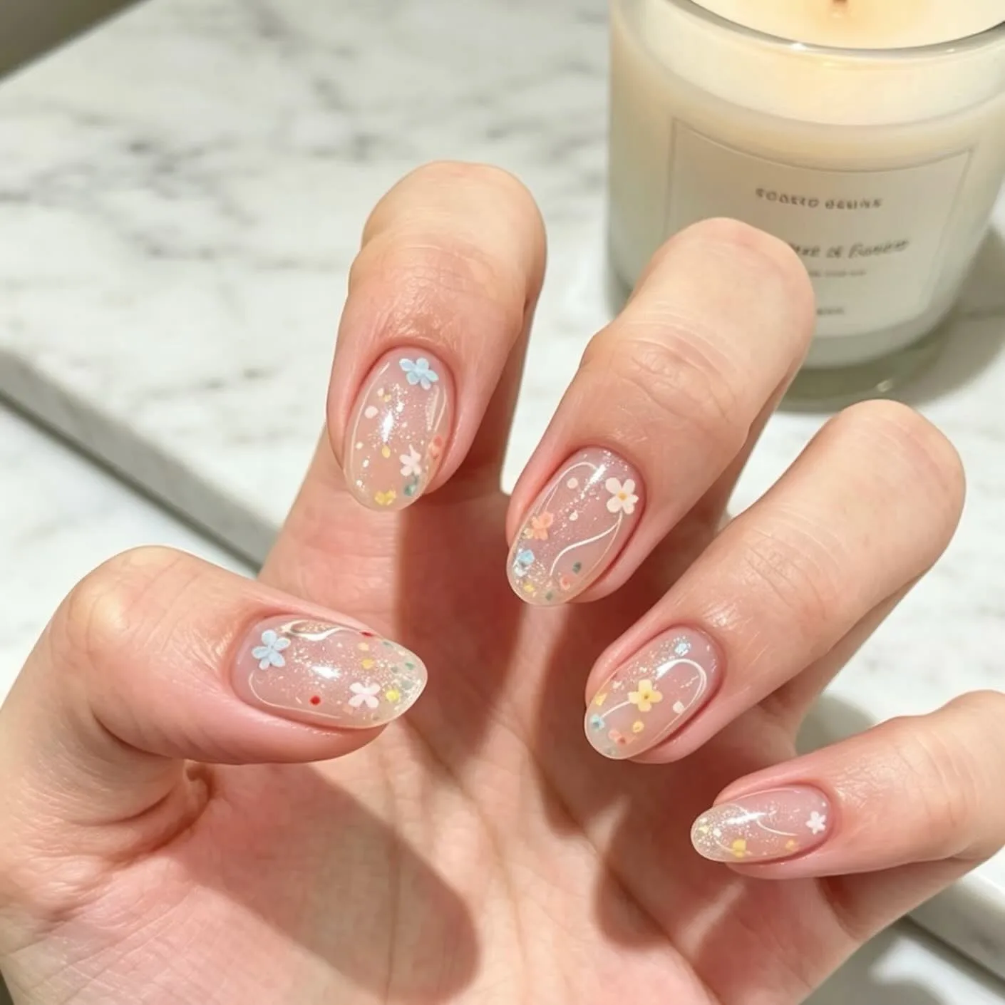 peachy nude oval jelly flower nails