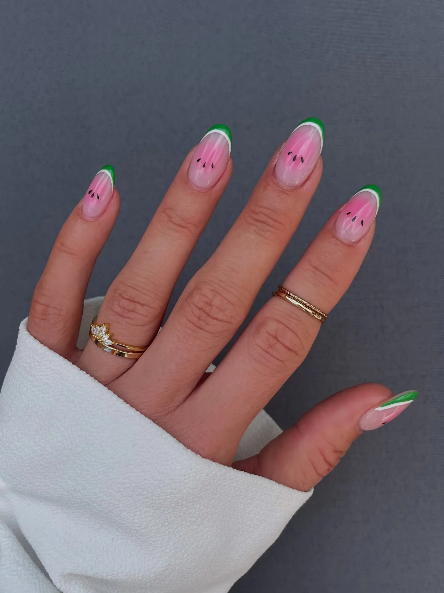 pink green almond watermelon nails