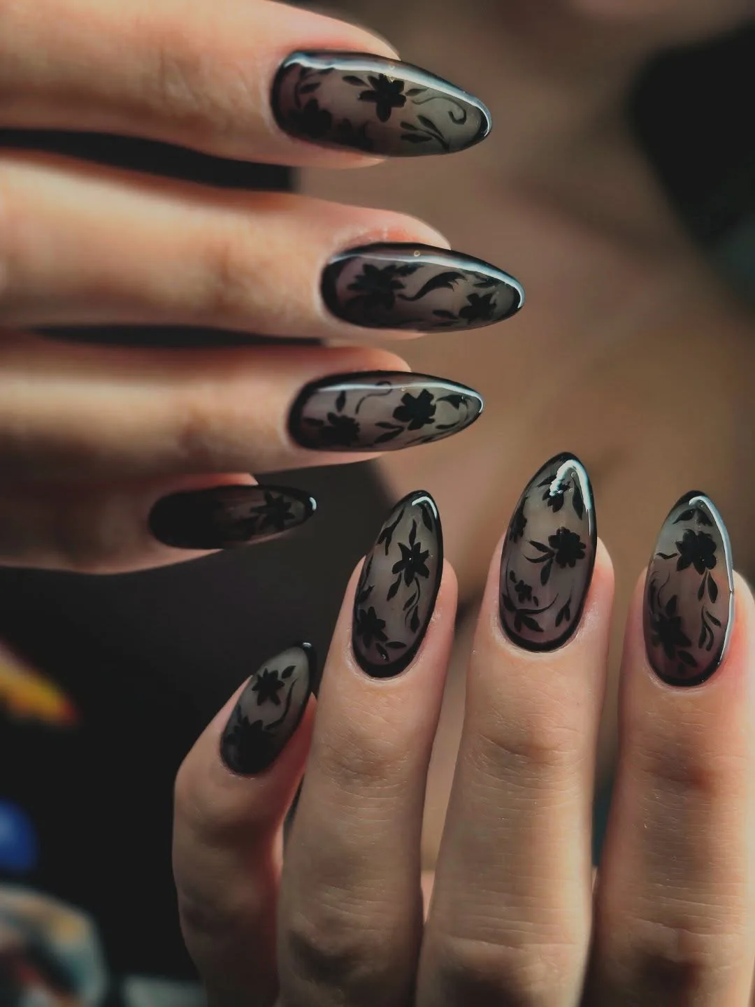 smoky gray almond floral nails