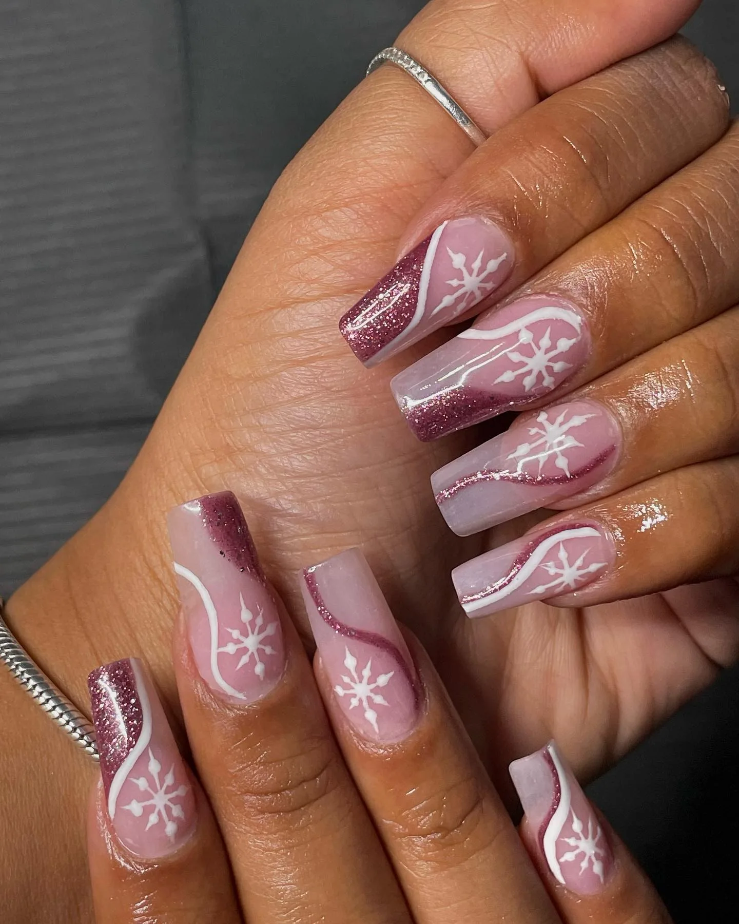 pink coffin snowflake glitter nails