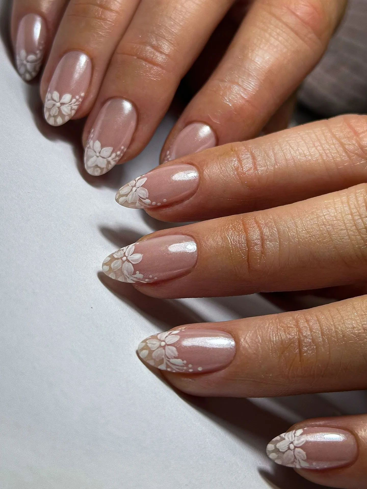 nude pink almond floral nails