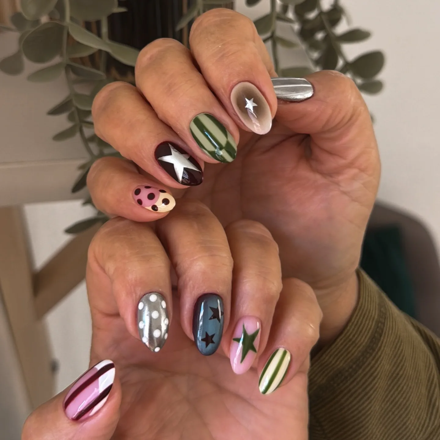 multicolor almond mixed pattern nails