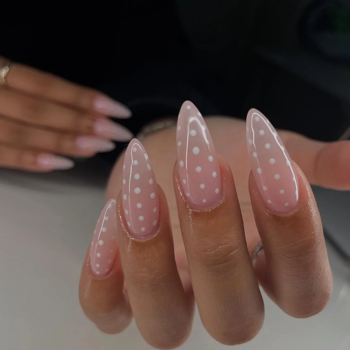 peachy pink coffin polka dot nails