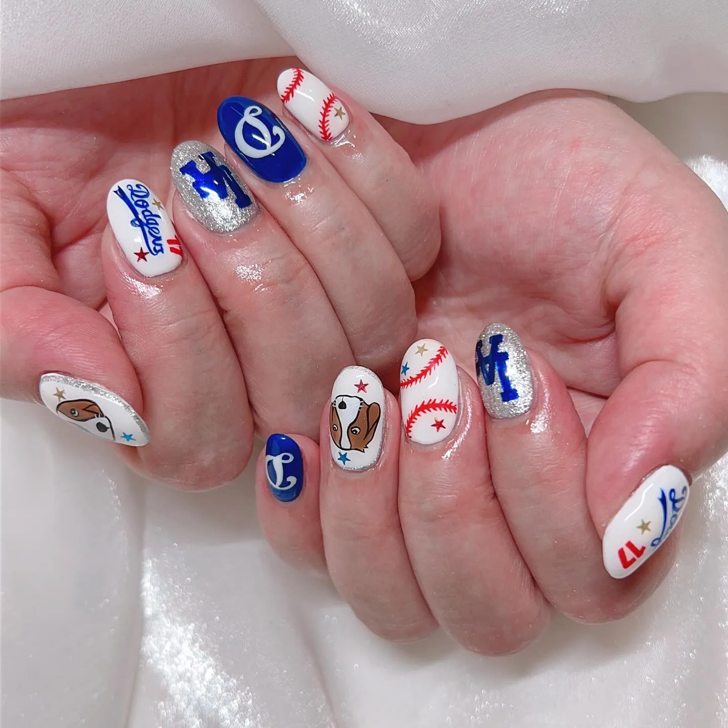 blue white oval baseball themed nails