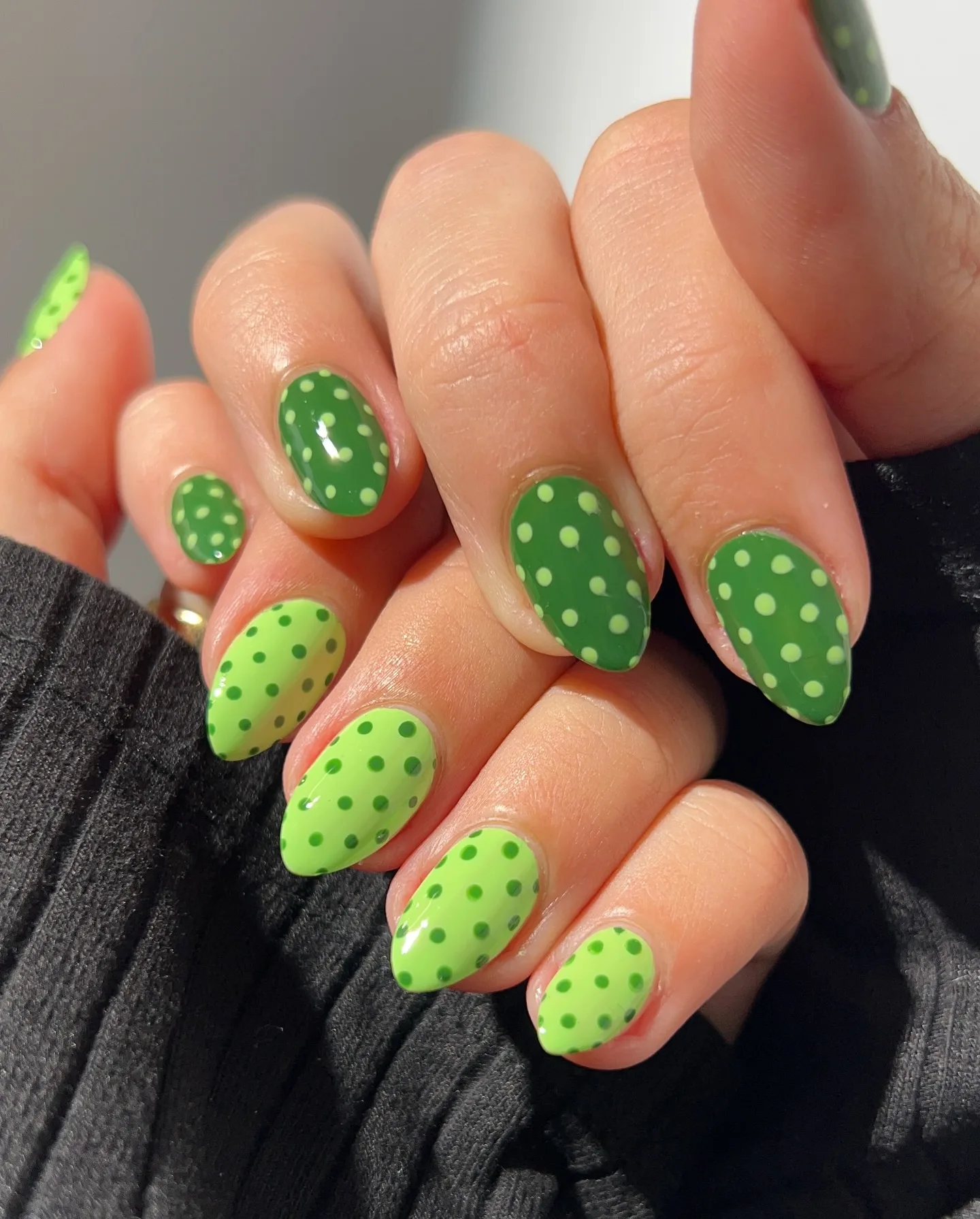 lime green almond polka dot nails