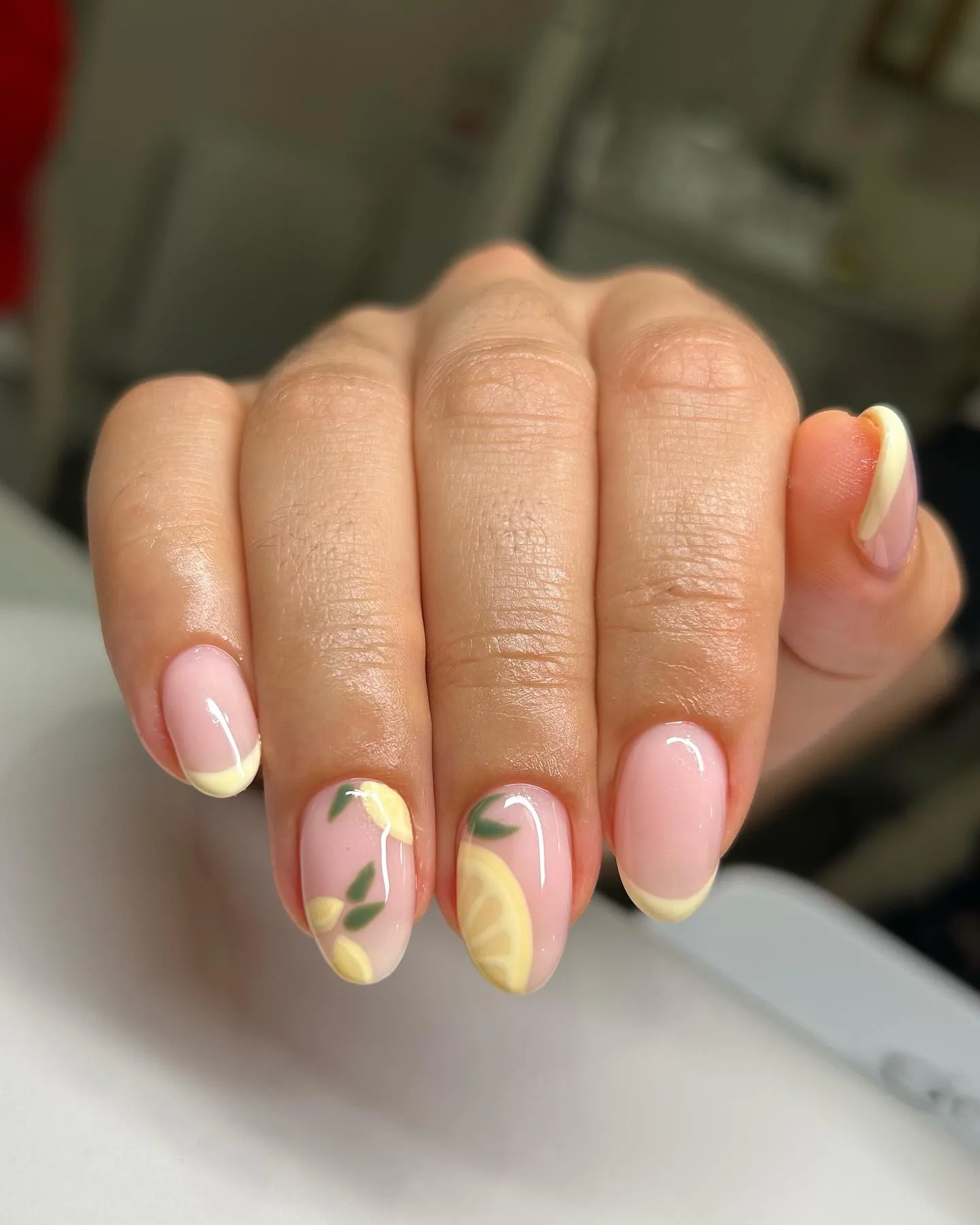 pink almond lemon french nails