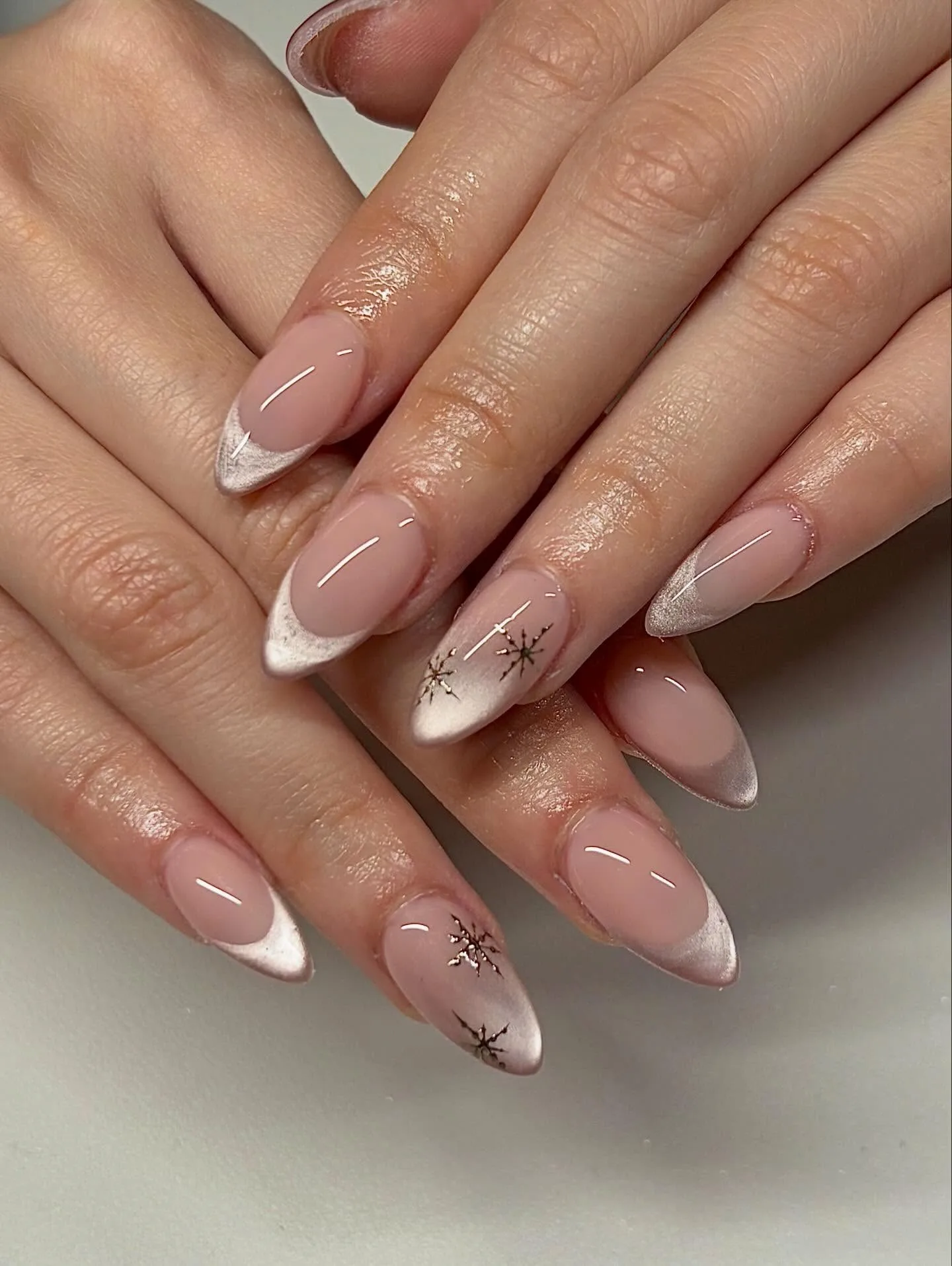 nude pink almond chrome french nails