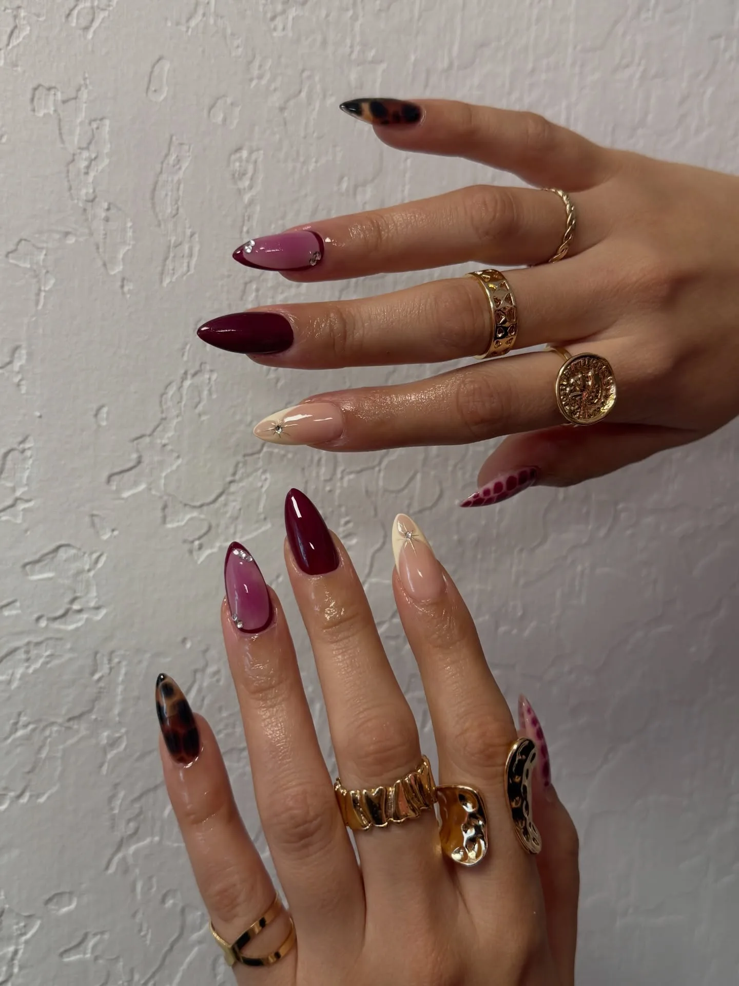 mixed burgundy almond glossy nails