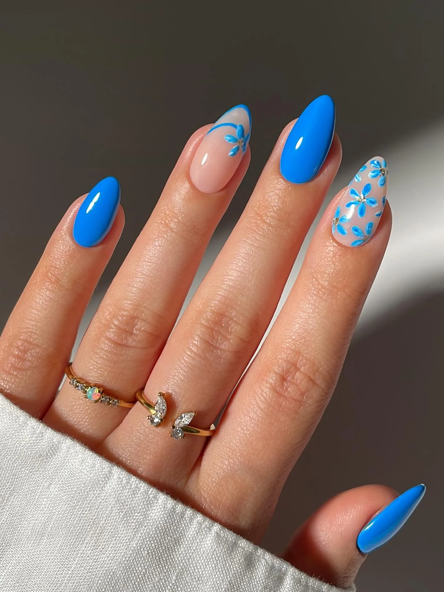 cobalt blue almond floral nails