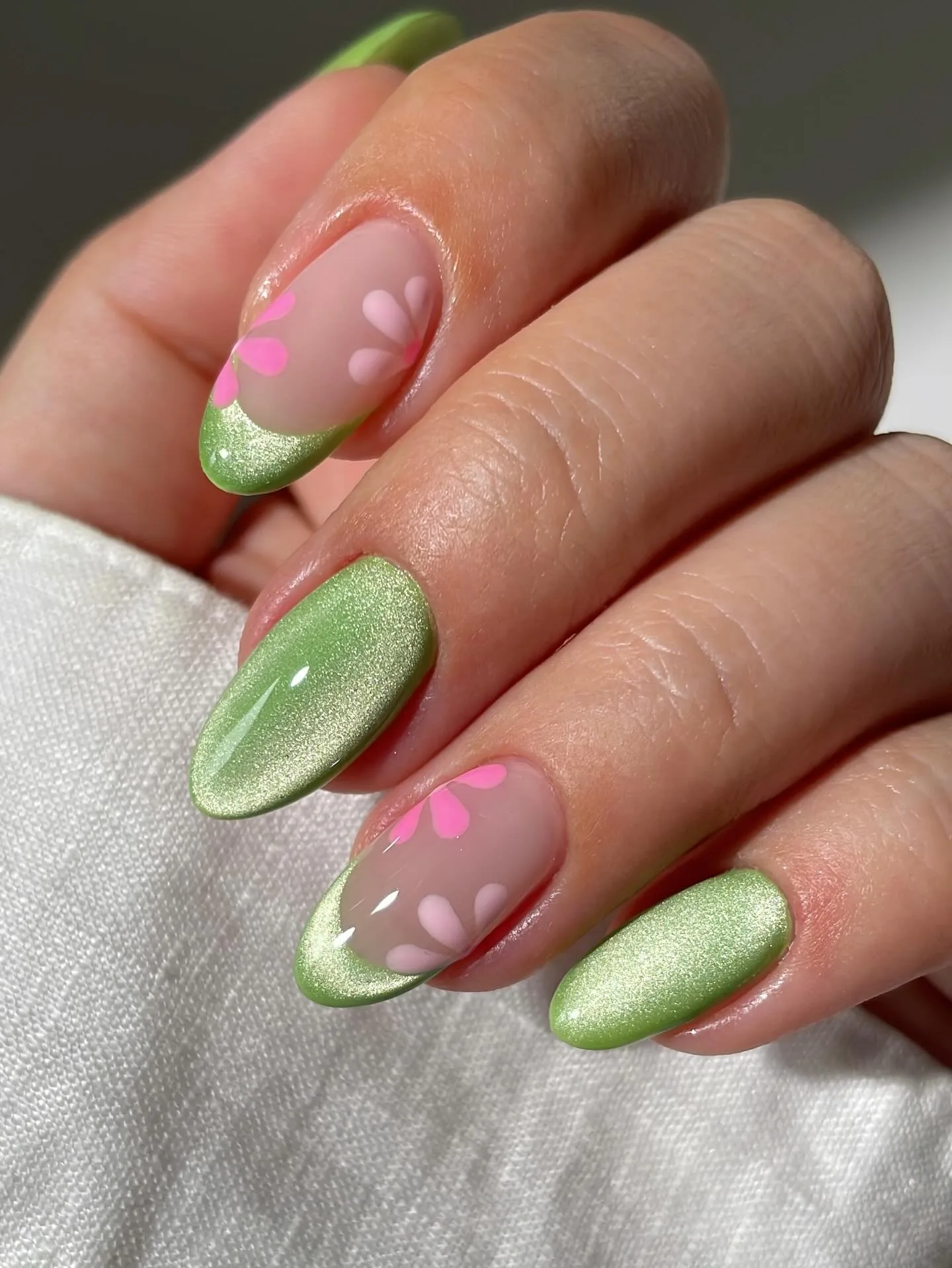 green pink oval bubble nails