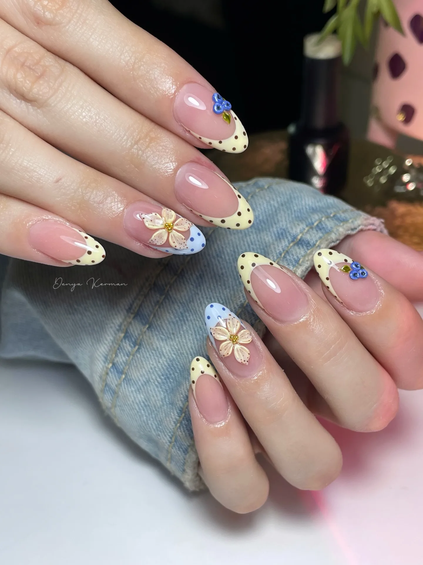 pink almond floral polka dot nails