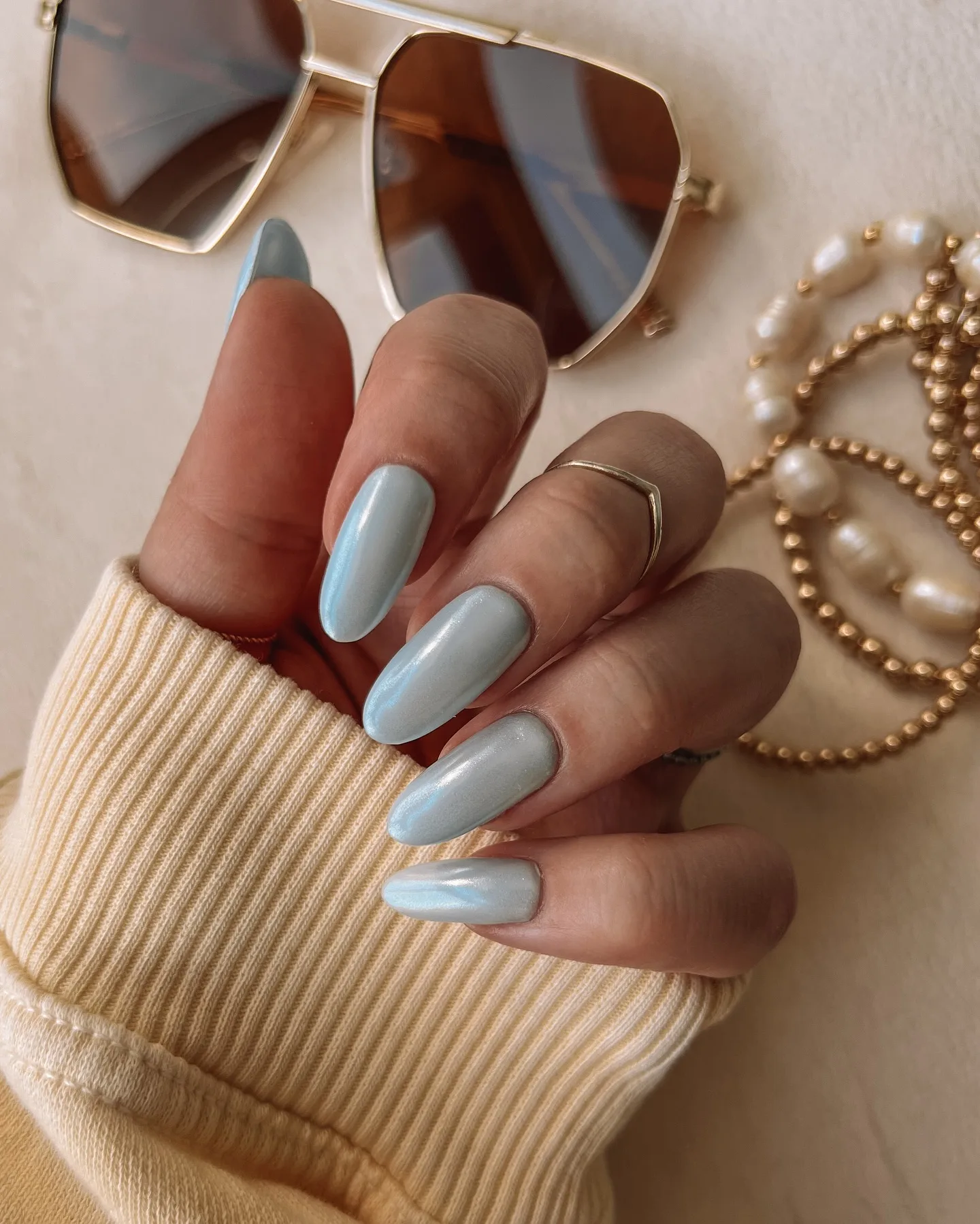 sage green coffin chrome nails