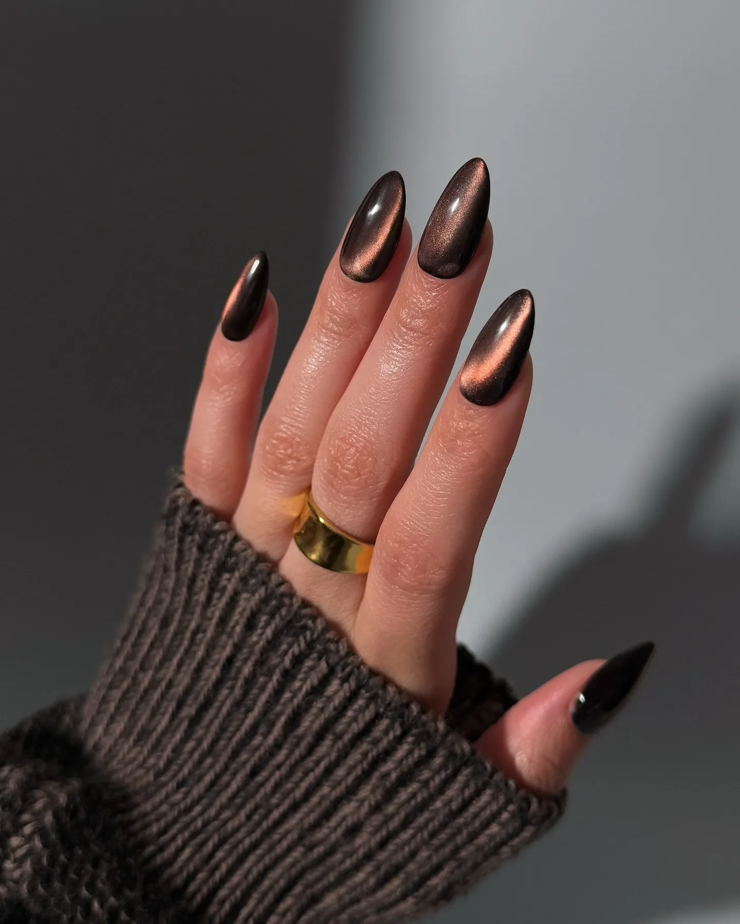 chocolate brown almond chrome nails