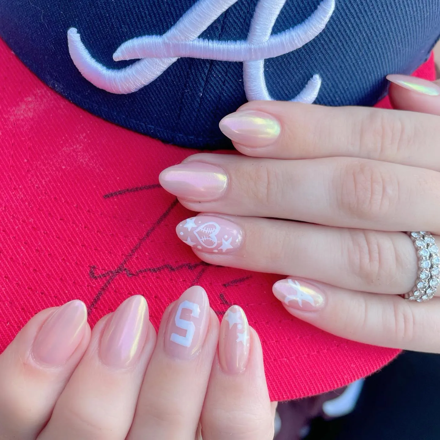 peachy chrome almond lettered nails